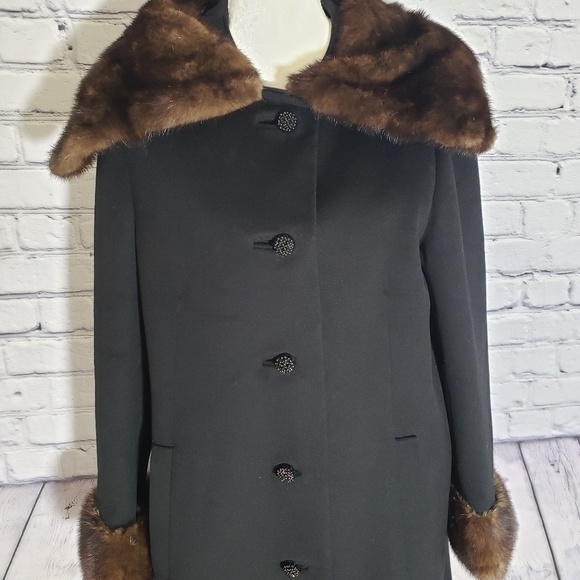 Vintage 1950's Saks Fifth Ave Black Wool Fur Coat - Picture 3 of 8
